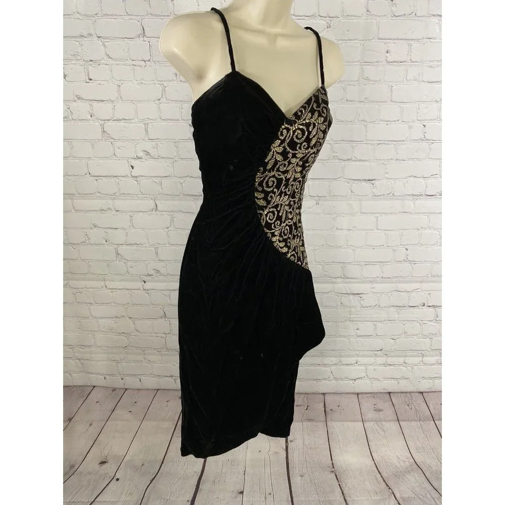 VTG New Leaf Black Gold Spaghetti Strap Velvet Back Zip Bodycon Dress Womens 5/6 - Picture 2 of 14